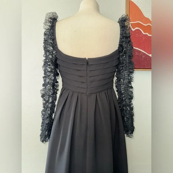 SELF-PORTRAITRuffled black Dotted Tulle And Crepe Midi women’s dress size 6